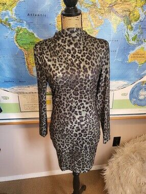 SHEIN Leopard Print Long-Sleeve Bodycon Dress - Green/Black, Medium
